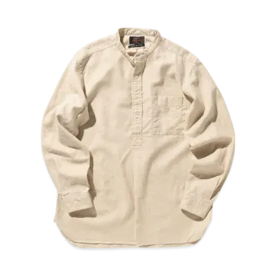 BEAMS Band Collar Pullover Cotton Linen Herringbone "Natural"