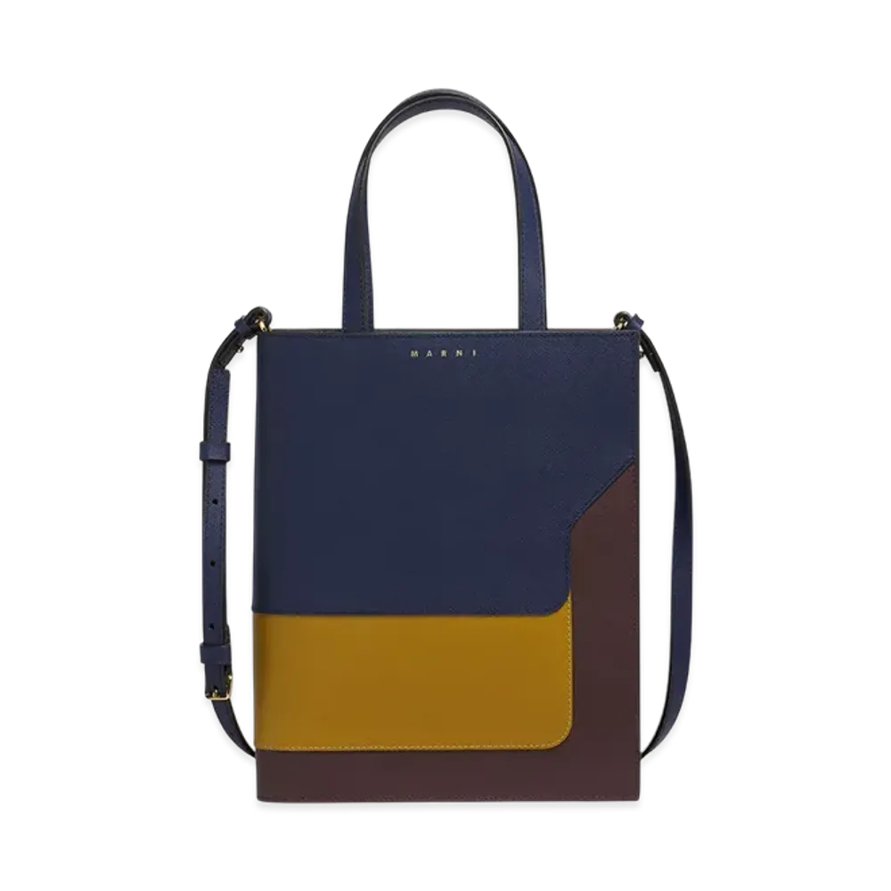 MARNI Trunk Small Tote in Leather "Blu Black/Light Curry/Chocolate"