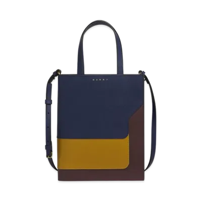 MARNI Trunk Small Tote in Leather "Blu Black/Light Curry/Chocolate"