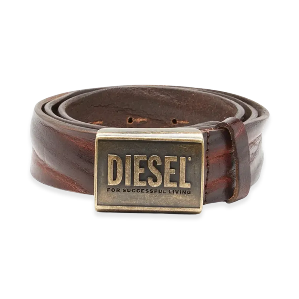 Diesel B-Metal Biscotto Leather Belt 4 Cm With Logo Plaque "Brown"
