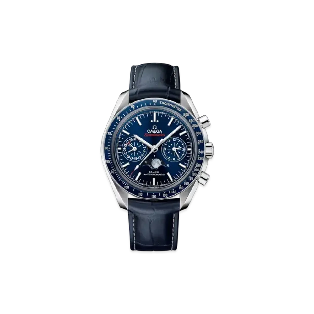 OMEGA Speedmaster Moonphase Co-Axial Master Chronometer 44.25MM Alligator Leather Strap "Stainless Steel/Blue" 304.33.44.52.03.001