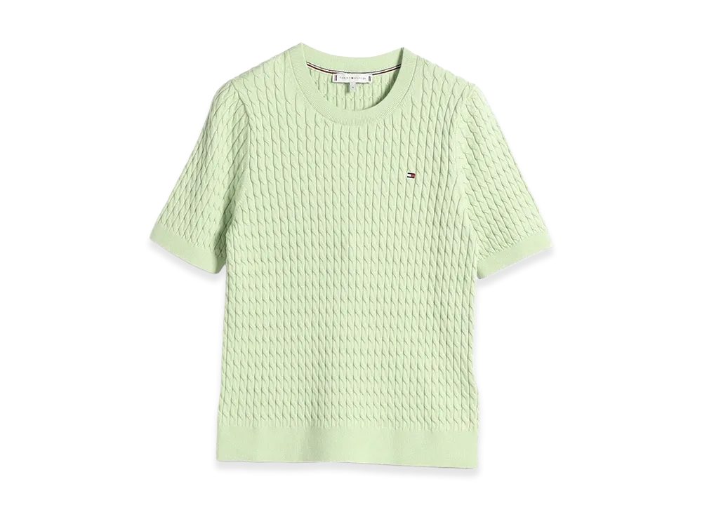 TOMMY HILFIGER Women's Cotton Cable Fine Gauge Crewneck S/S Sweater "Light green"