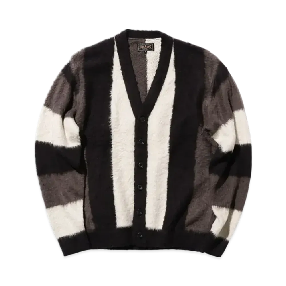 BEAMS Cardigan Stripe Cotton Shaggy "Black"