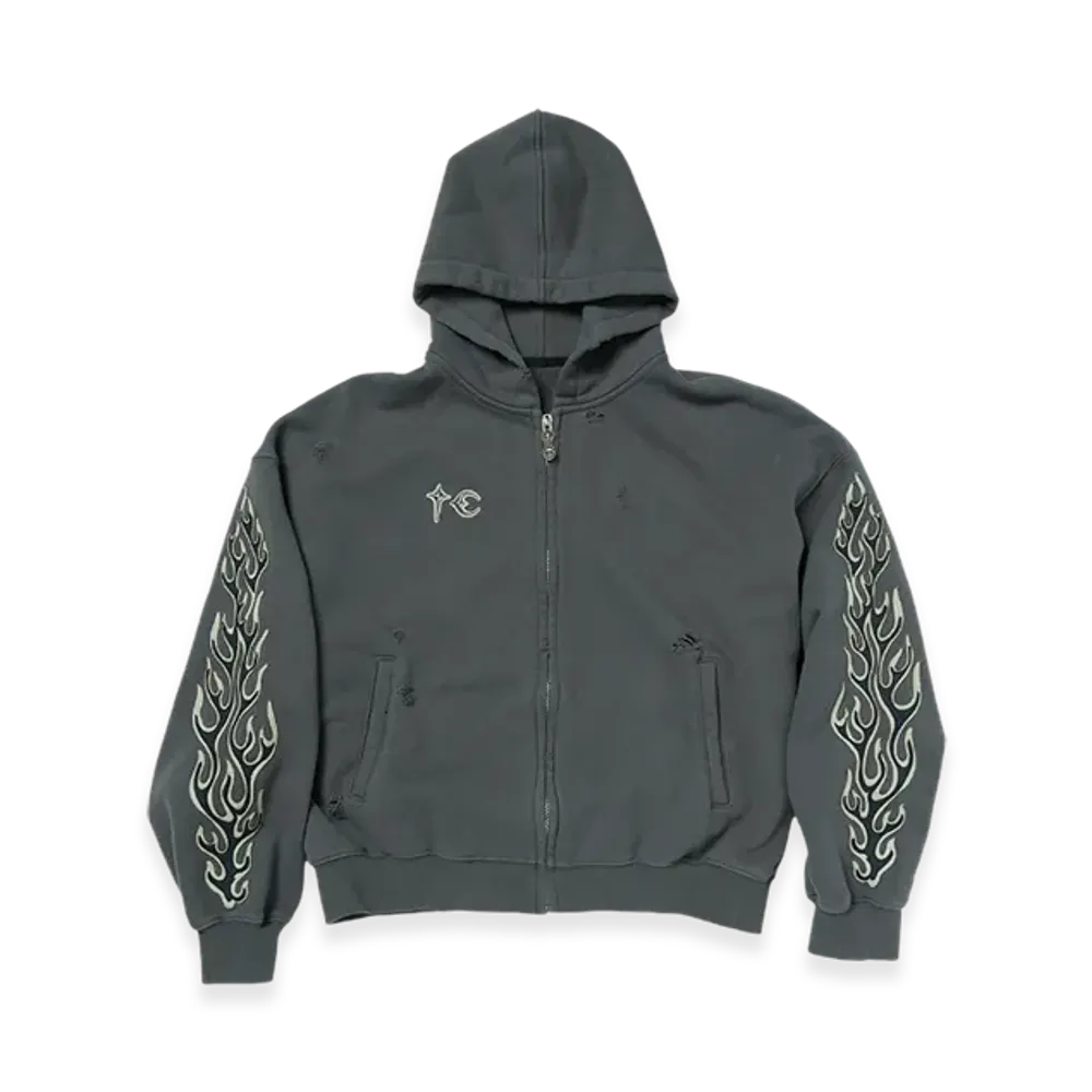 THUG CLUB Leather Flame Hooded Zip-Up "Grey"