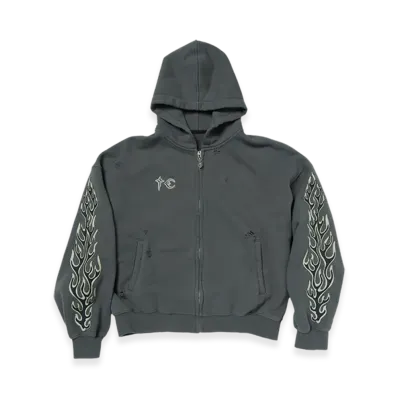 THUG CLUB Leather Flame Hooded Zip-Up "Grey"