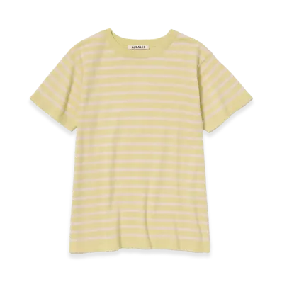 AURALEE Women's High Gauge Cotton Knit Tee "Yellow Pink Stripe"
