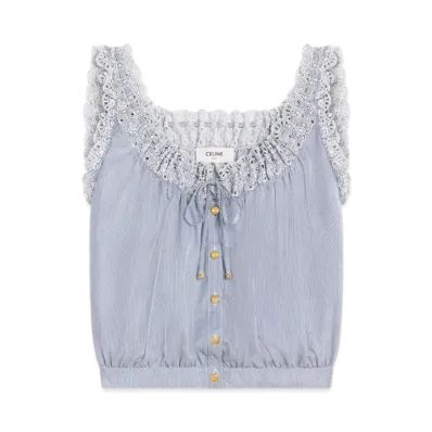 CELINE Women's Embroidered Folk Top in Striped Cotton and Cashmere "Craie/Marine"