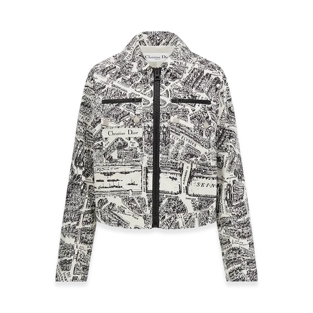 Dior Women's Dioralps Cropped Blouson Quilted Technical Taffeta Plan Paris Motif "White/Black"