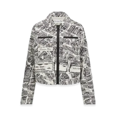 Dior Women's Dioralps Cropped Blouson Quilted Technical Taffeta Plan Paris Motif "White/Black"