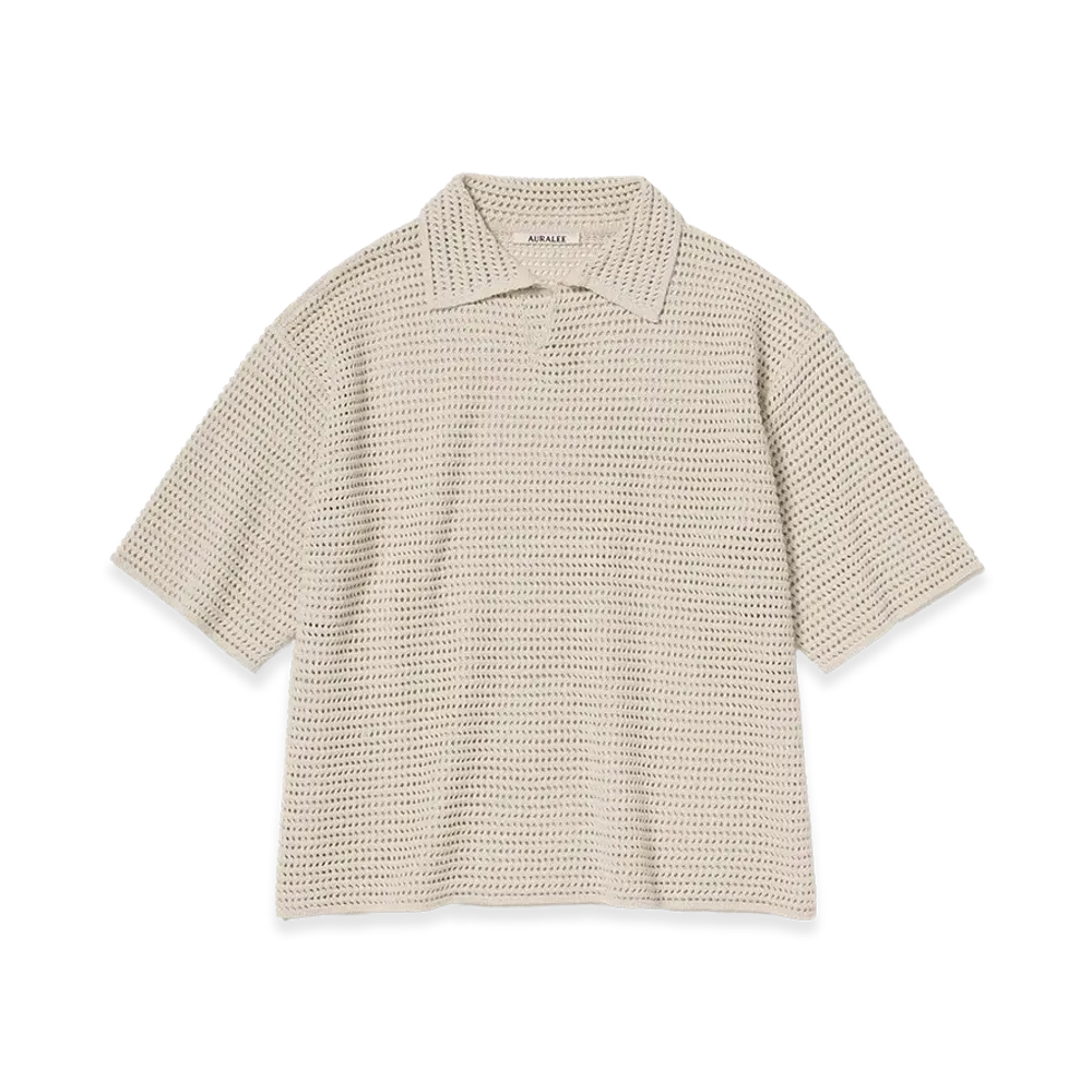AURALEE Tussah Silk Cotton Mesh Knit Skipper Polo "Ivory"