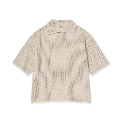 AURALEE Tussah Silk Cotton Mesh Knit Skipper Polo "Ivory"