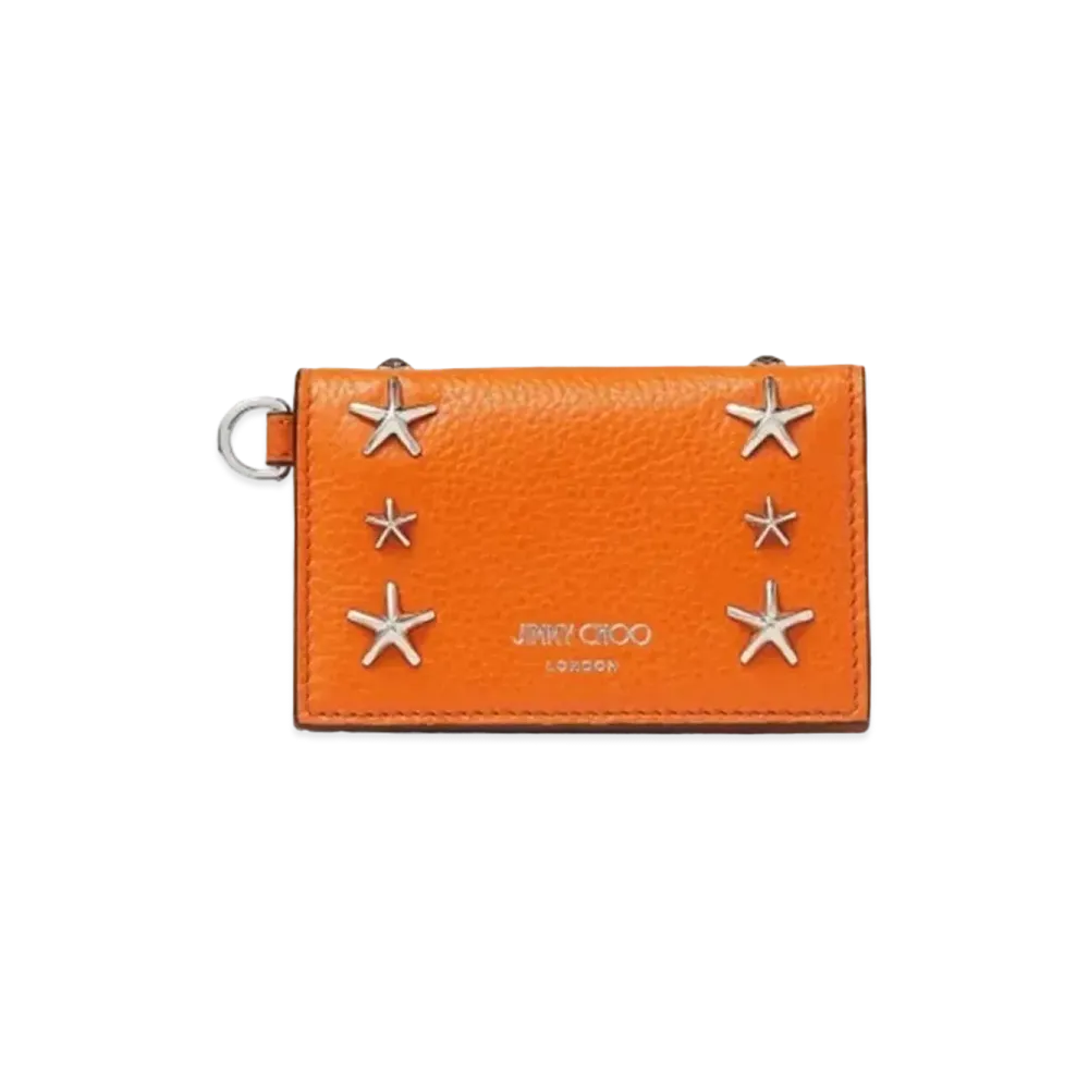 JIMMY CHOO CLIFFY Soft Grainy Calf Leather Card Case With Star Studs "Amber Orange"