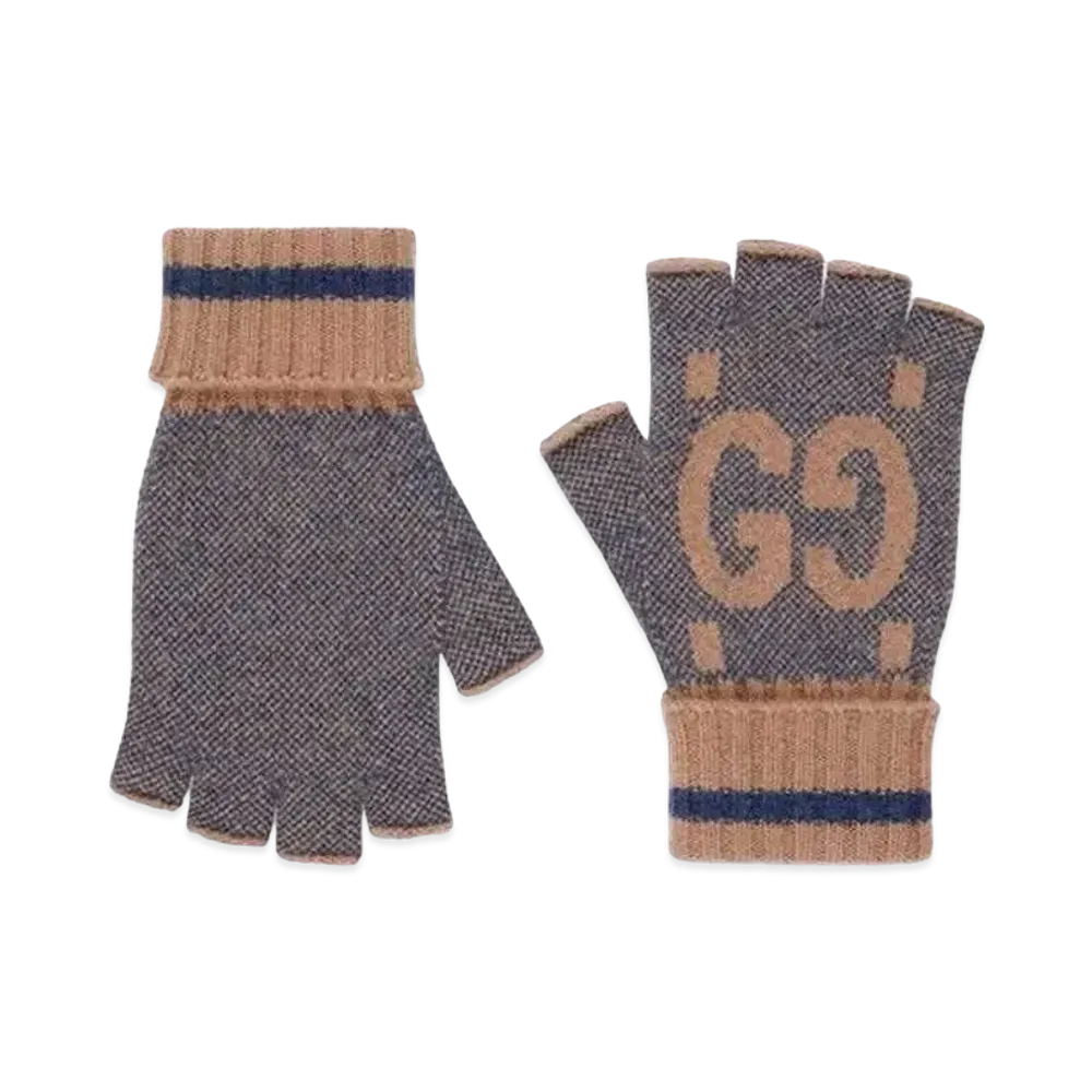 GUCCI GG Cashmere Fingerless Gloves "Beige/Blue"