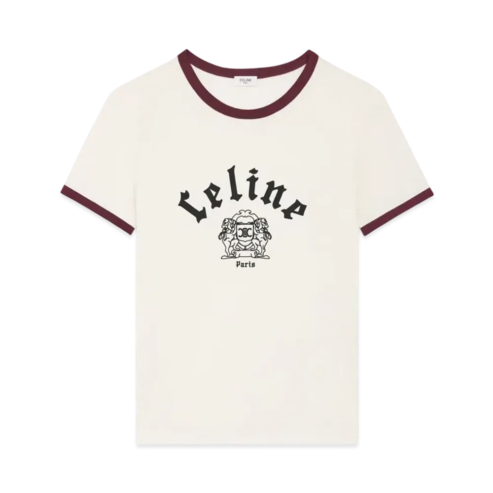 CELINE Men's Blason Regular T-Shirt in Cotton Jersey "Washed White/Bordeaux Cete/Bla"