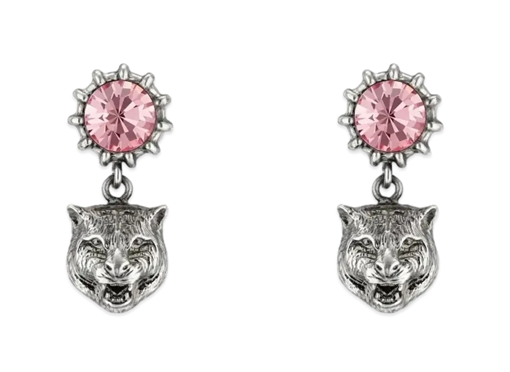 GUCCI Crystal & Tiger Head Earrings "Light Pink"