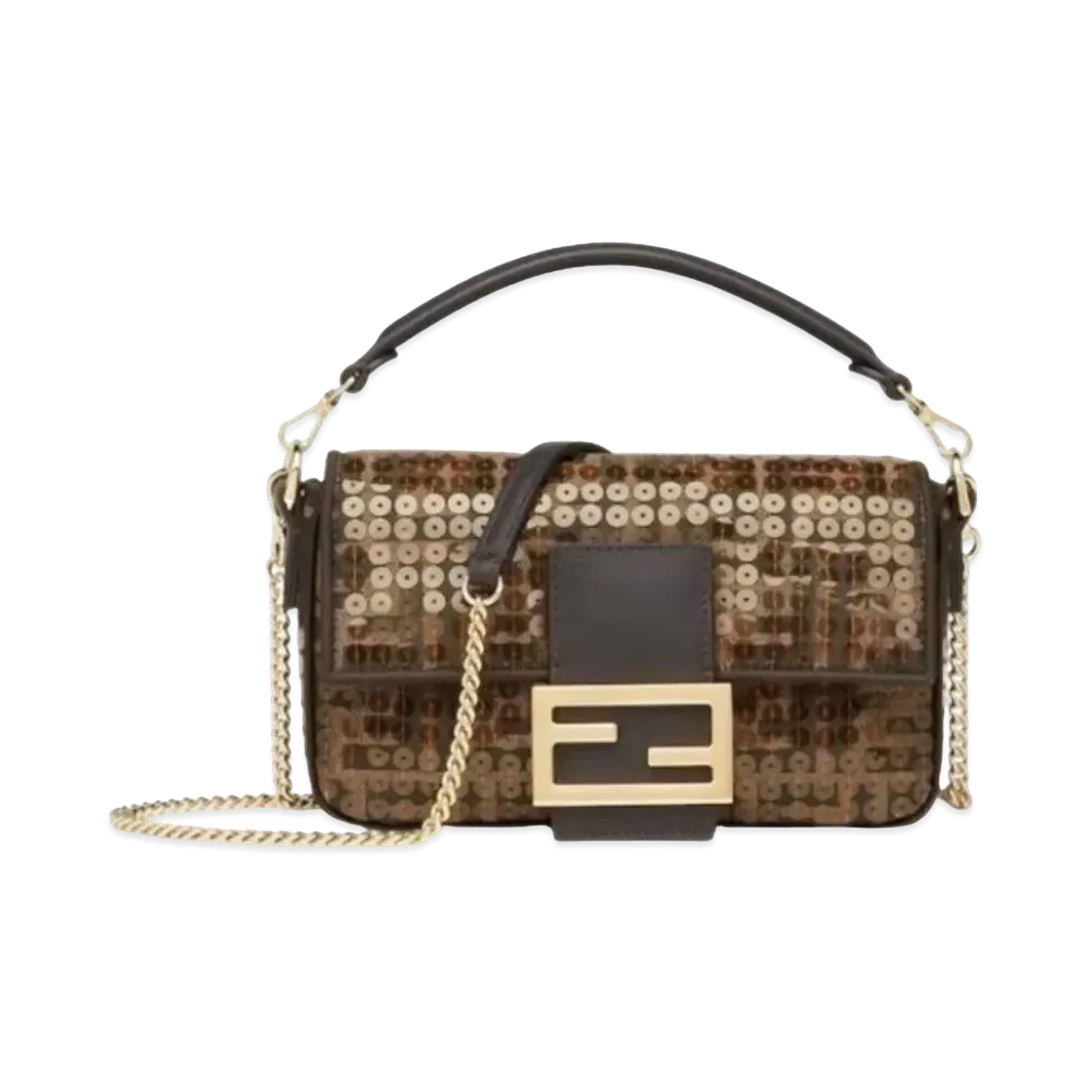 FENDI Baguette Small FF Jacquard Fabric Bag with Sequins "Brown"