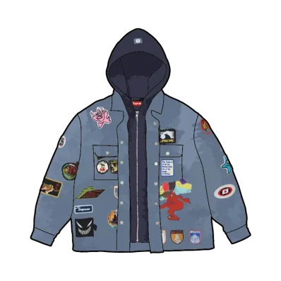 Supreme Patches Hooded Zip Up Shirt "Denim"
