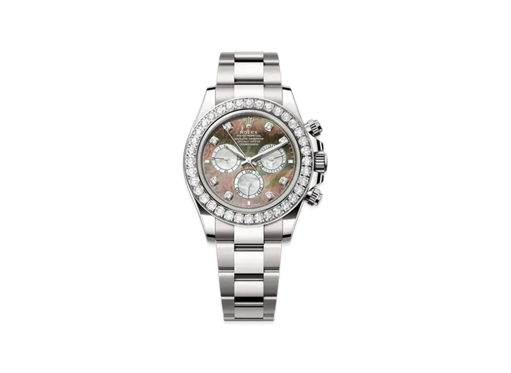 ROLEX Cosmograph Daytona 40mm Oyster Perpetual Diamonds Bezel Oyster, Three-Piece Solid Links "White Gold/Black&White Mother of Pearl" 126579RBR