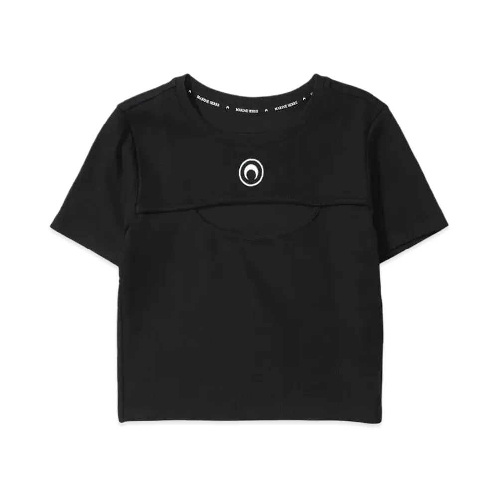Marine serre MOON LOGO RIBBED JERSEY CUT-OUT T-SHIRT (25SS) "BLACK"