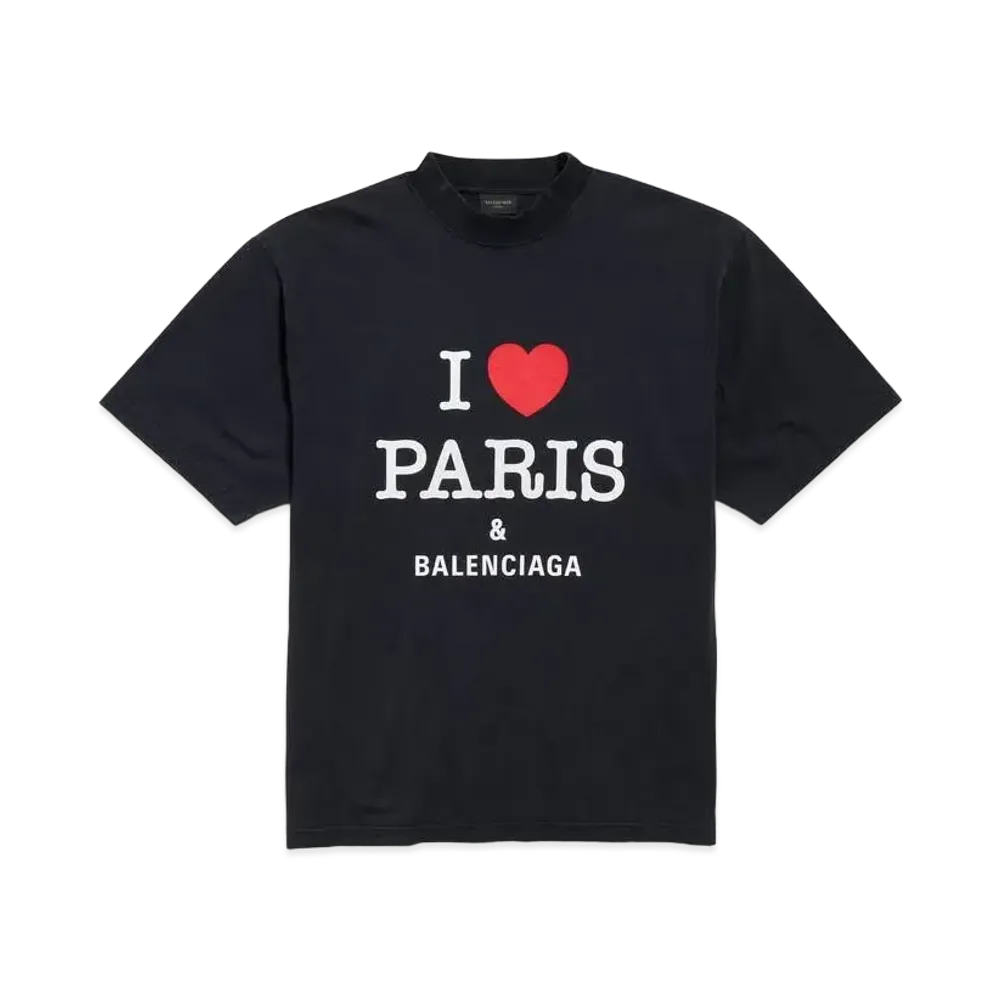 BALENCIAGA I Love Paris & BALENCIAGA T-Shirt Medium Fit in Faded Washed Vintage Jersey "Black"