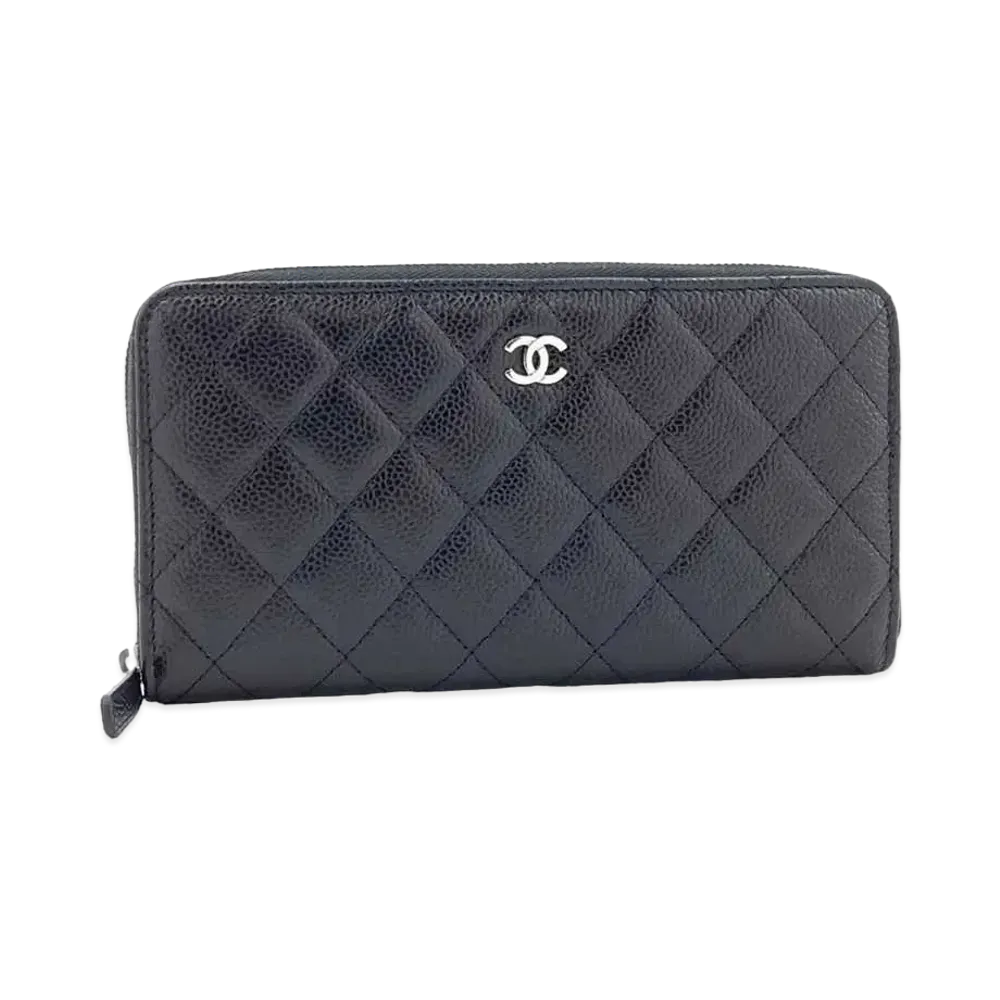 CHANEL Round Zipper Long Wallet Classic Matelasse Coco Mark Caviar Skin Canvas "Black"