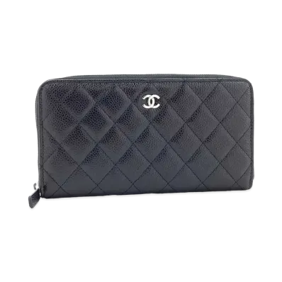 CHANEL Round Zipper Long Wallet Classic Matelasse Coco Mark Caviar Skin Canvas "Black"