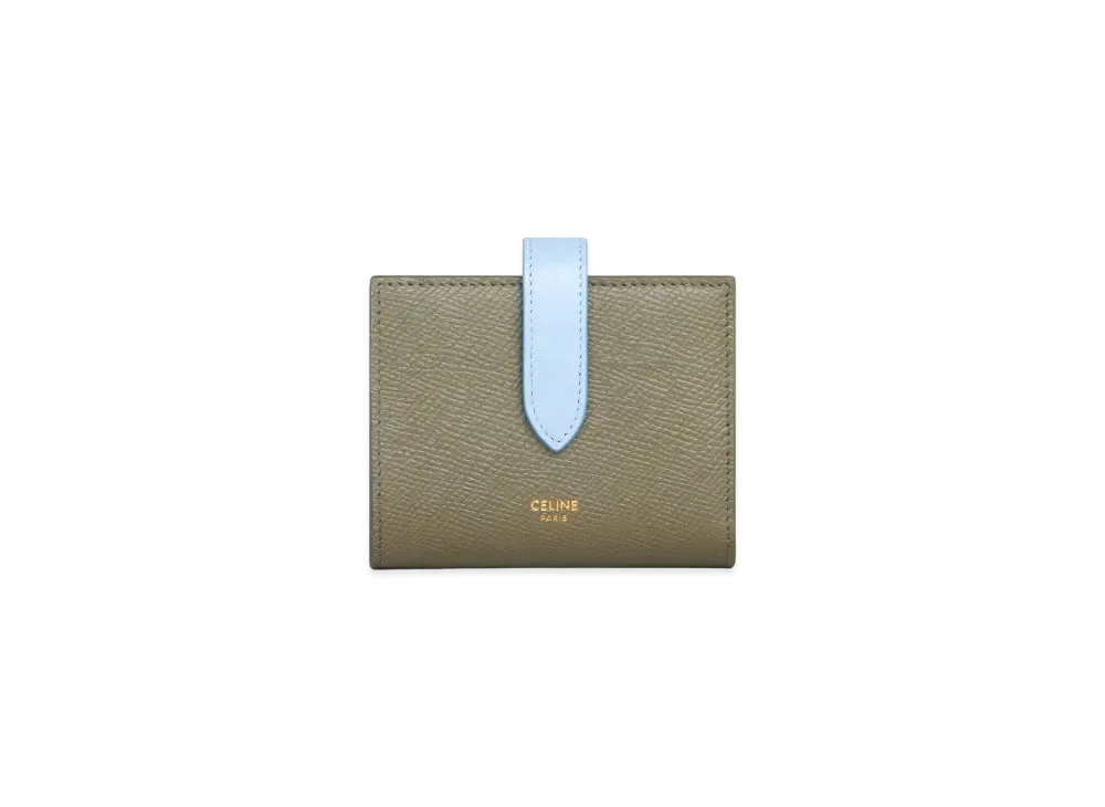 CELINE Small Strap Wallet In Bicolour Grained Calfskin "Army Green/Light Blue"