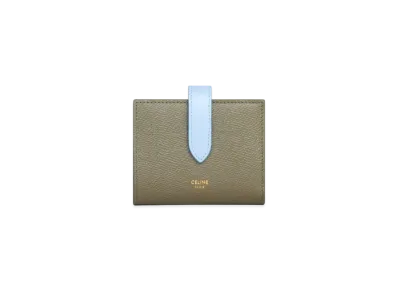 CELINE Small Strap Wallet In Bicolour Grained Calfskin "Army Green/Light Blue"