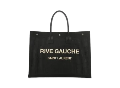 Saint Laurent Rive Gauche Large Tote Bag In Embroidered Raffia and Leather "Noir"
