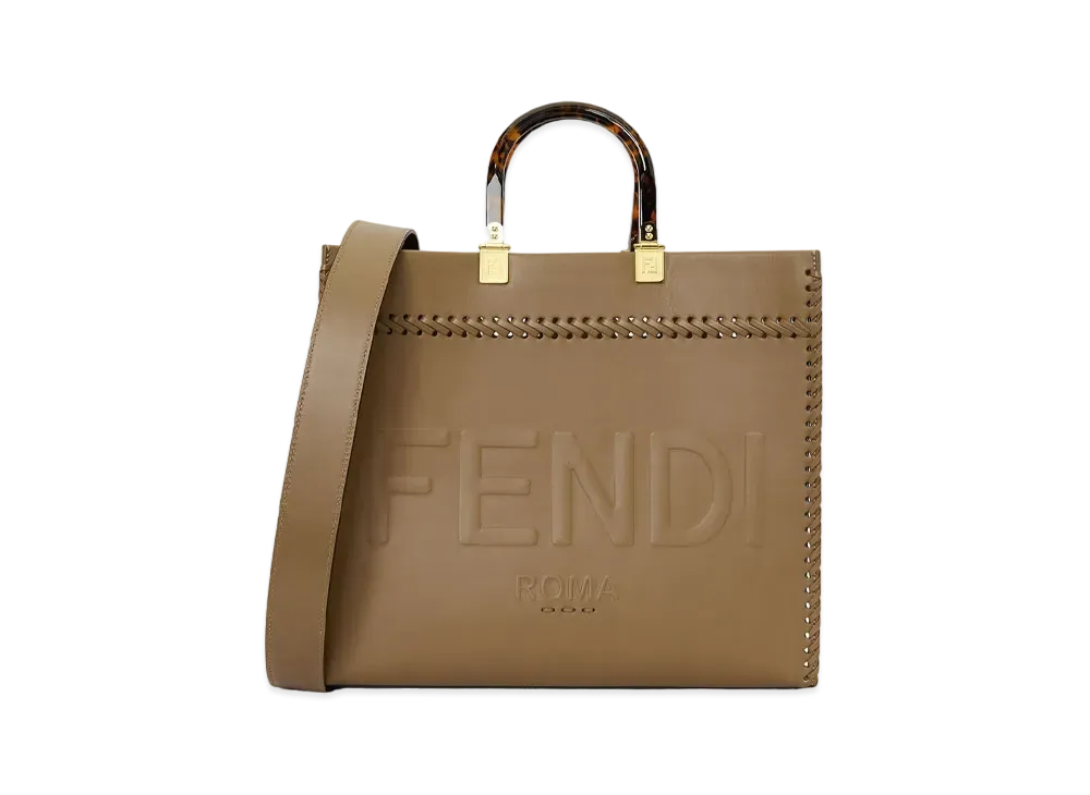 FENDI Sunshine Medium Leather Shopper Decor Stitch "Beige"