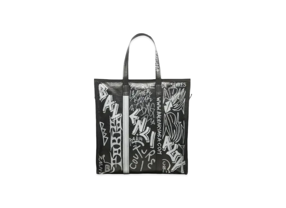 BALENCIAGA Bazaar Medium Graffiti Shopping Bag "White/Black"