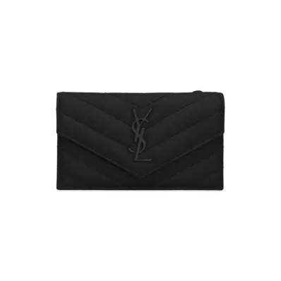 SAINT LAURENT Monogram Fragments Flap Card Case In Quilted Grain De Poudre Embossed Leather "Black"