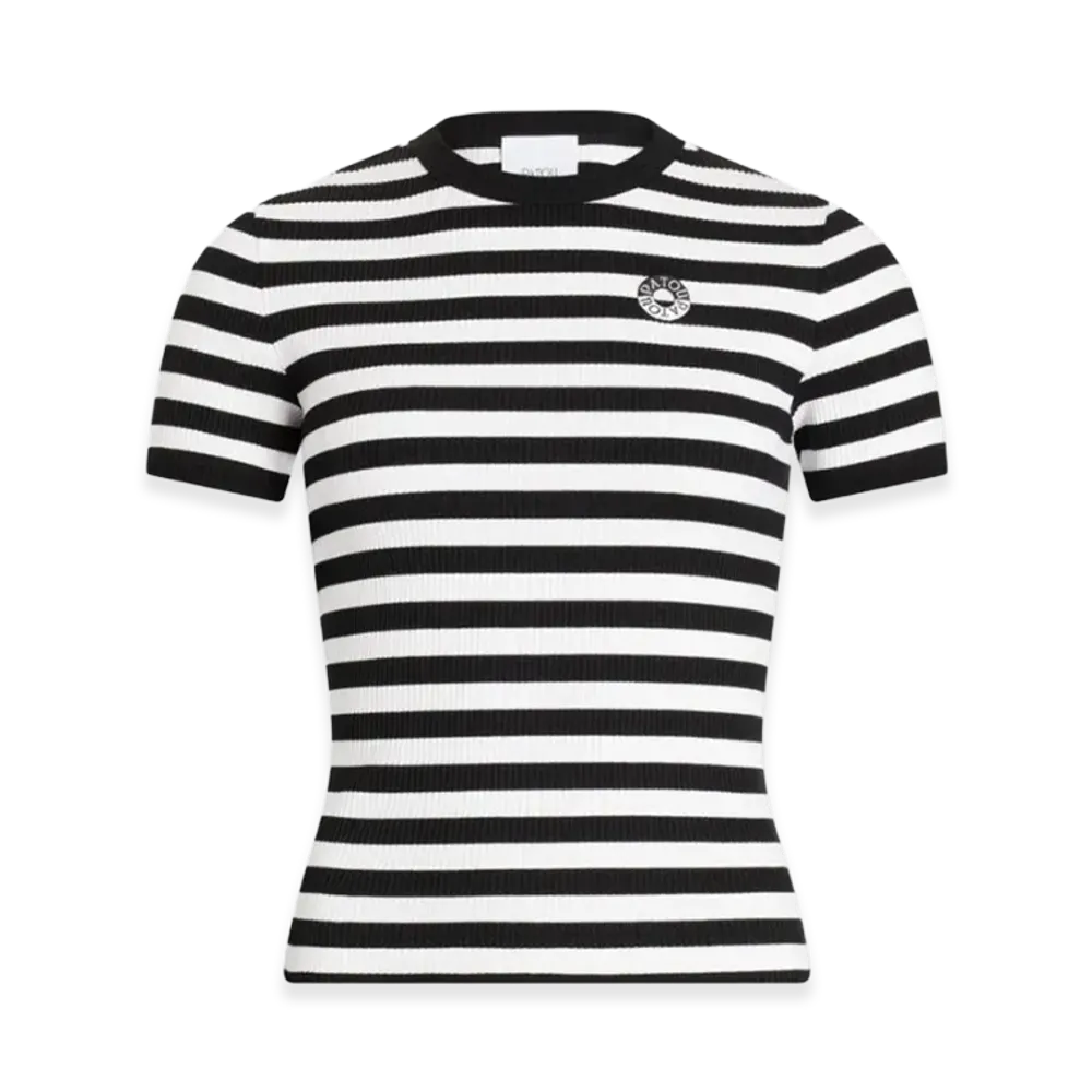 PATOU Women's Logo Striped Cotton Ribbed T-Shirt "Black/White"