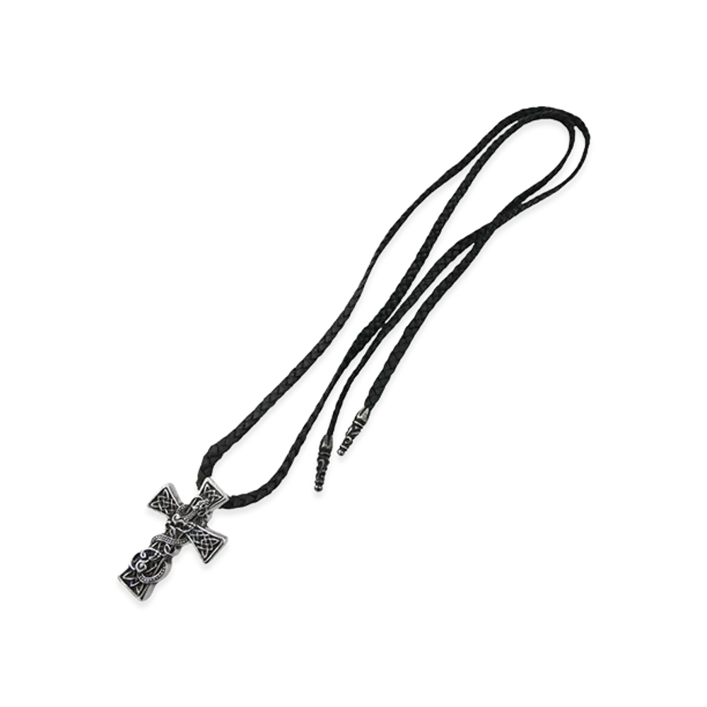 Chrome Hearts XS Celtic Cross Leather Braid Necklace "Silver/Black"