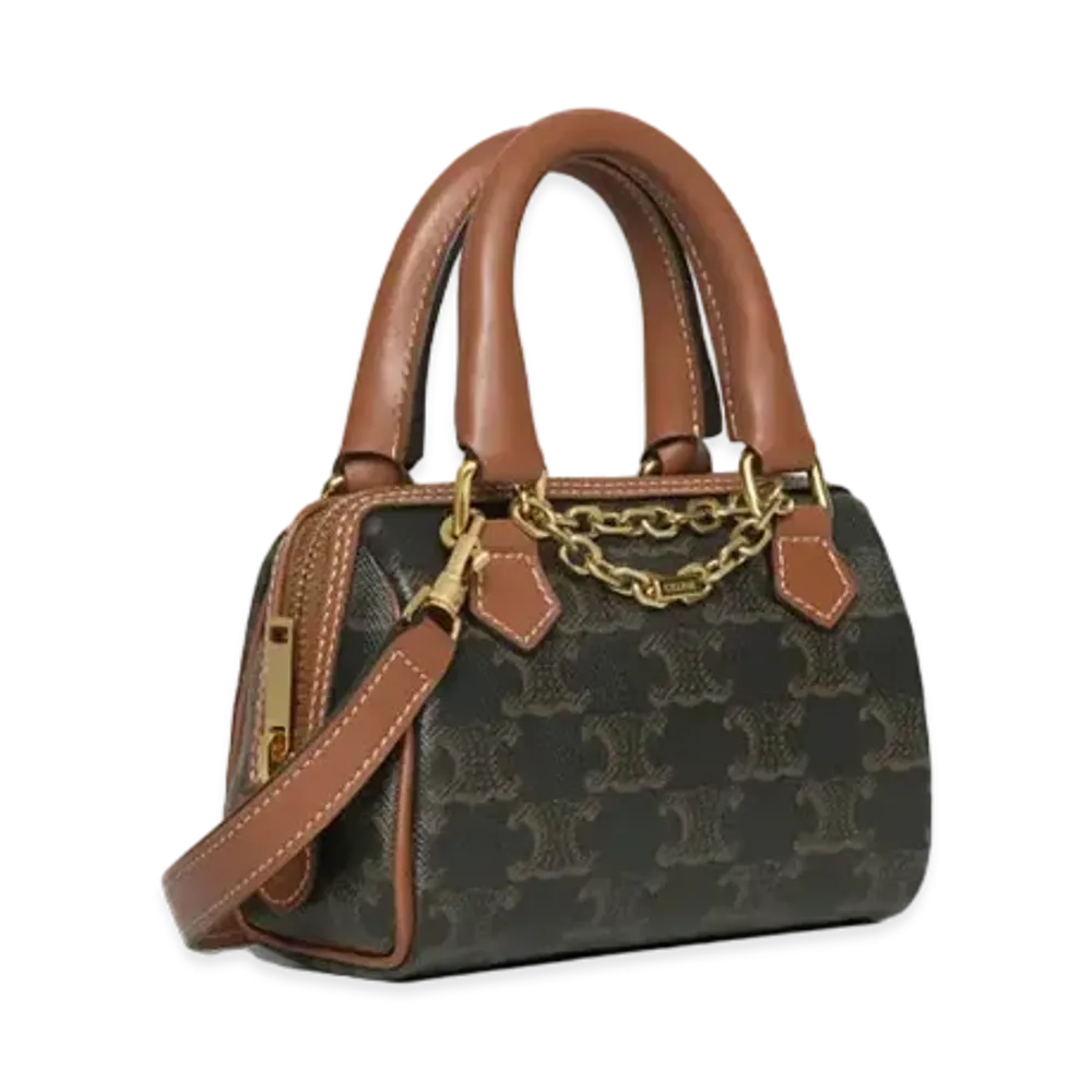 CELINE Mini Boston Bag in Triomphe Canvas and Calfskin "Tan"