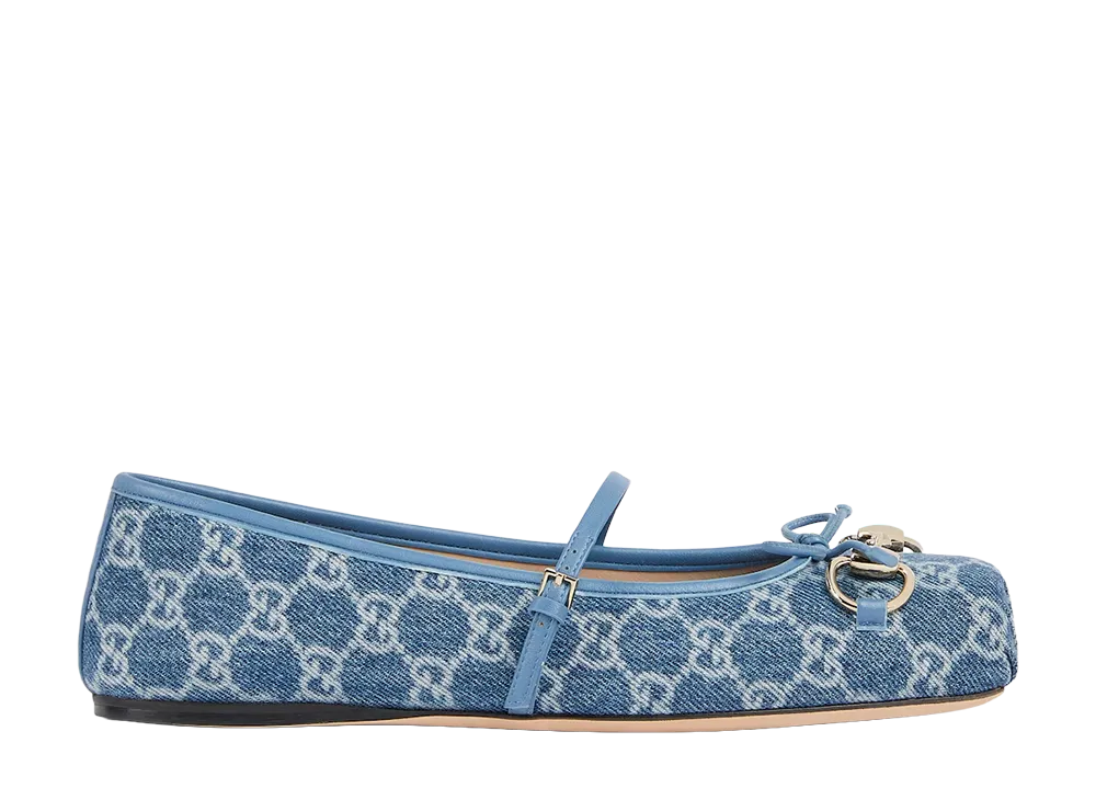 GUCCI Women's Horsebit Flat Ballet Shoe "Blue"