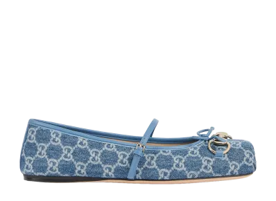 GUCCI Women's Horsebit Flat Ballet Shoe "Blue"