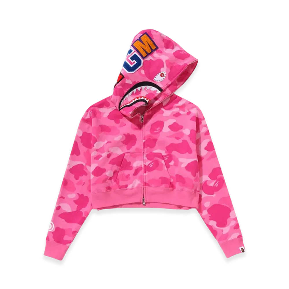 A BATHING APE Color Camo Crystal Stone Shark Cropped Full Zip Hoodie "Pink"