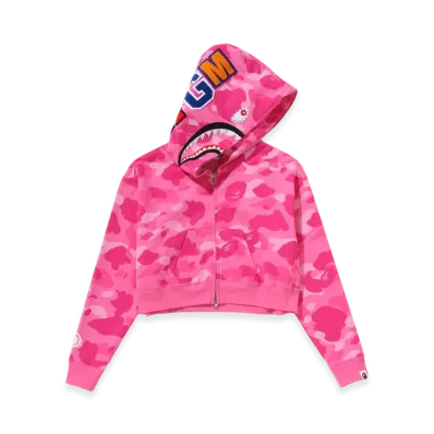 A BATHING APE Color Camo Crystal Stone Shark Cropped Full Zip Hoodie "Pink"