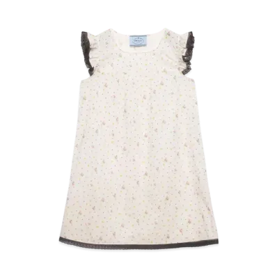PRADA Women's Floral Print Cotton Batiste Mini-Dress "White"