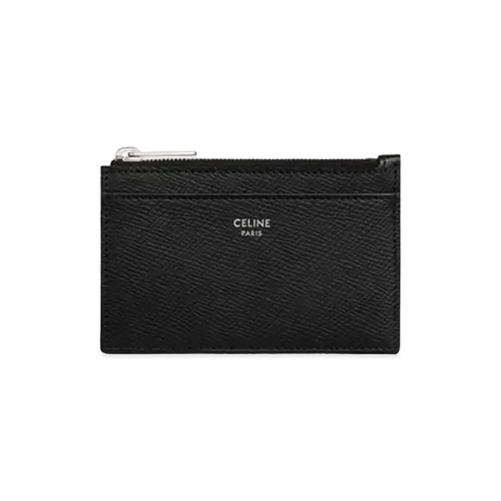 CELINE Zipped Card Holder In Grained Calfskin "Black"