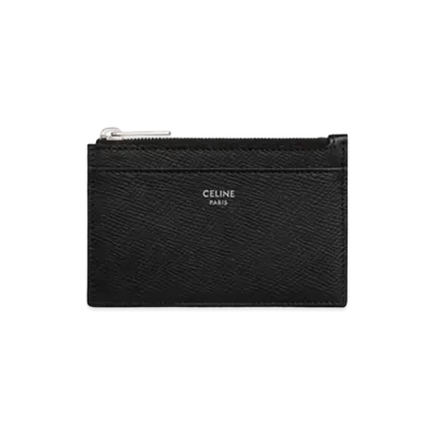 CELINE Zipped Card Holder In Grained Calfskin "Black"