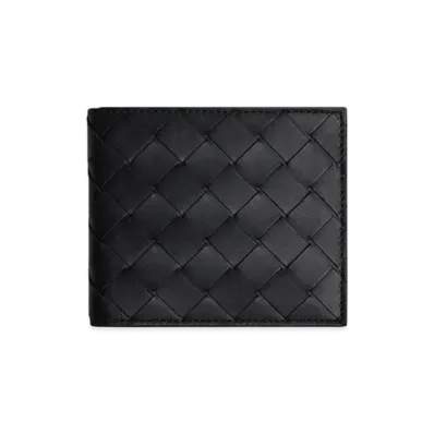 Bottega Veneta Intrecciato Calfskin Bi-fold Wallet "Black/Papaya"