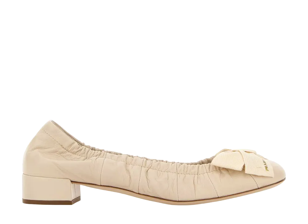 PRADA Women's Low Heel Gathered Leather Ballerinas "White"