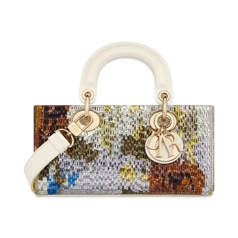 Dior Small Lady D-Joy Bag Glass Bugle Beads Blurred Flowers Corn Motif "Latte/Multicolor"