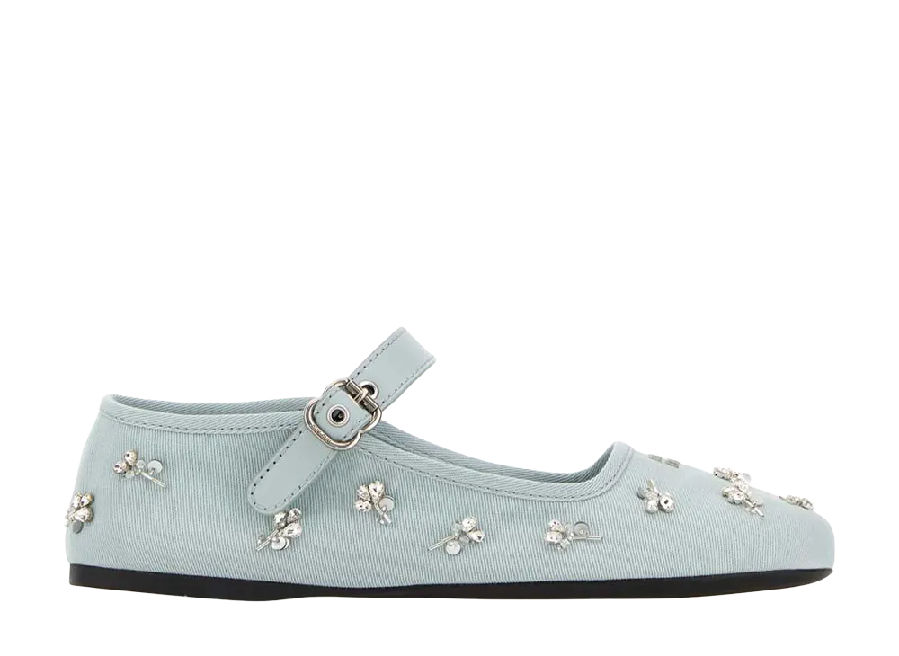 MIU MIU Women's Embroidered Drill Ballerinas "Powder Blue"
