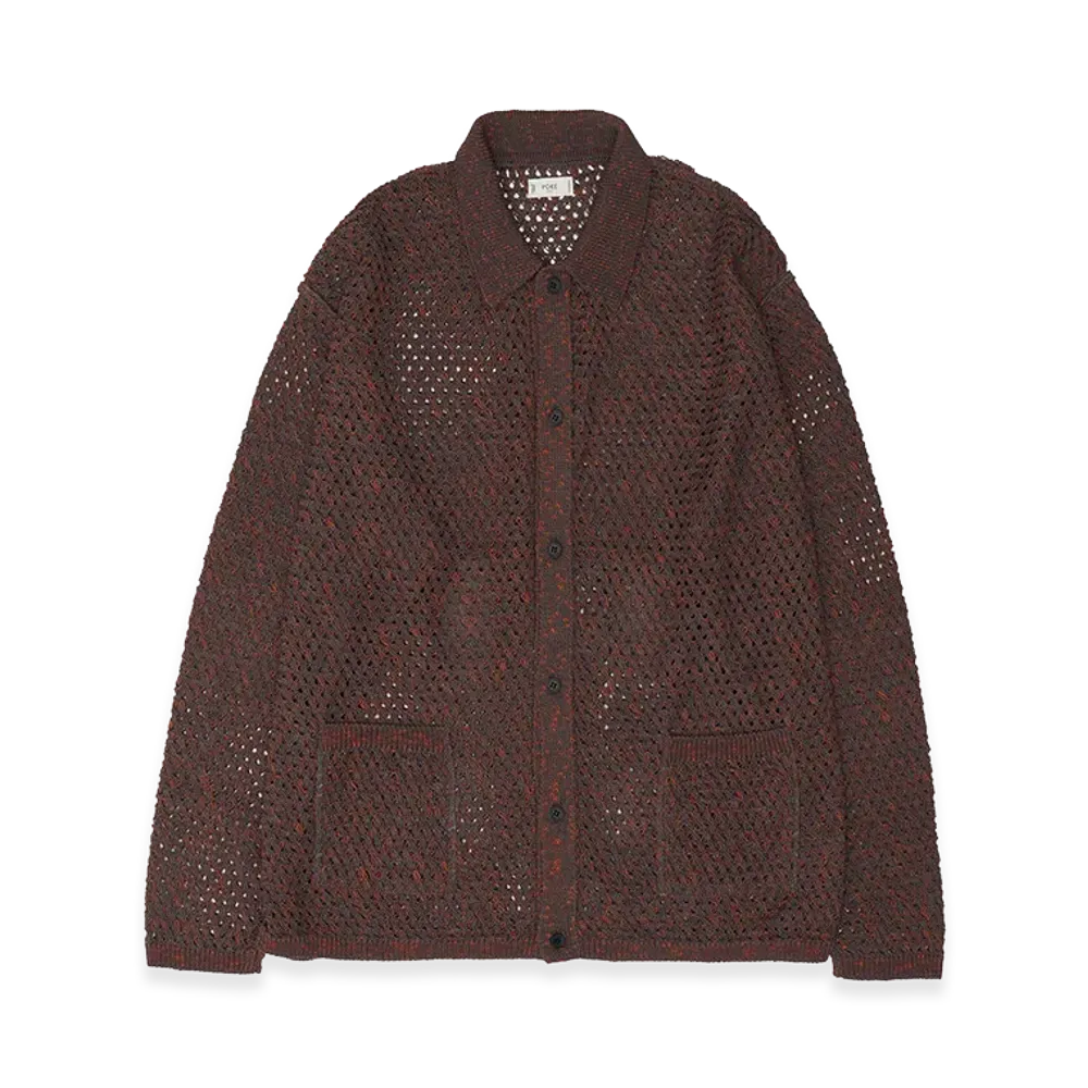 YOKE Cotton Mesh Knit Shirt Cardigan "Brown"
