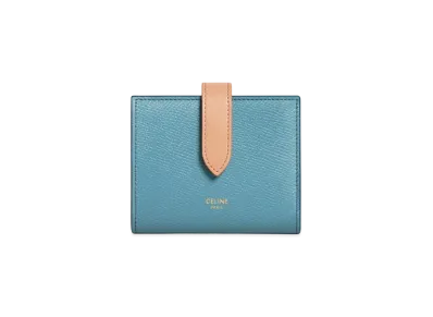 CELINE Small Strap Wallet In Bicolour Grained Calfskin "Denim/Light Camel"