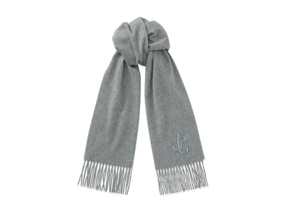 Jimmy Choo Charles Recycled Cashmere Scarf With JC Embroidery "Light Grey"