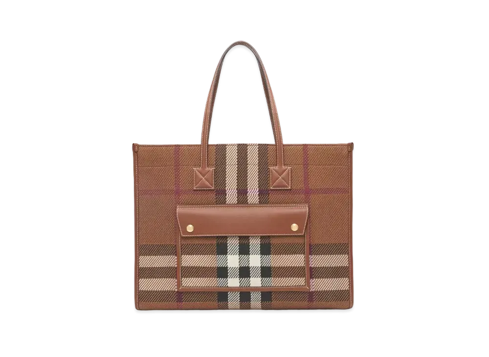 BURBERRY Medium Knit Check Flare Tote "Dark Bachi Brown"